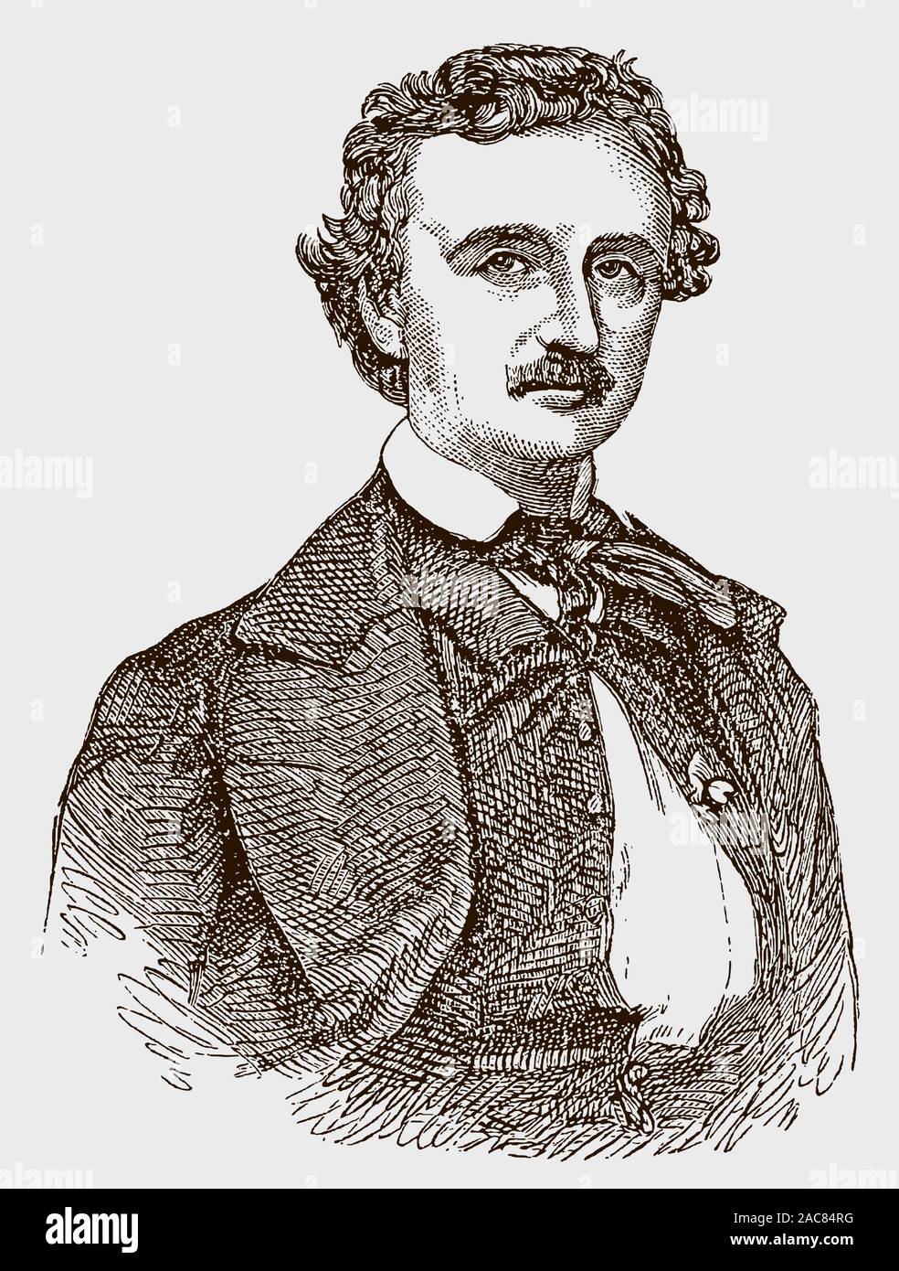 Historical portrait of Edgar Allan Poe, the american writer. Illustration after an engraving or lithography from the 19th century Stock Vector