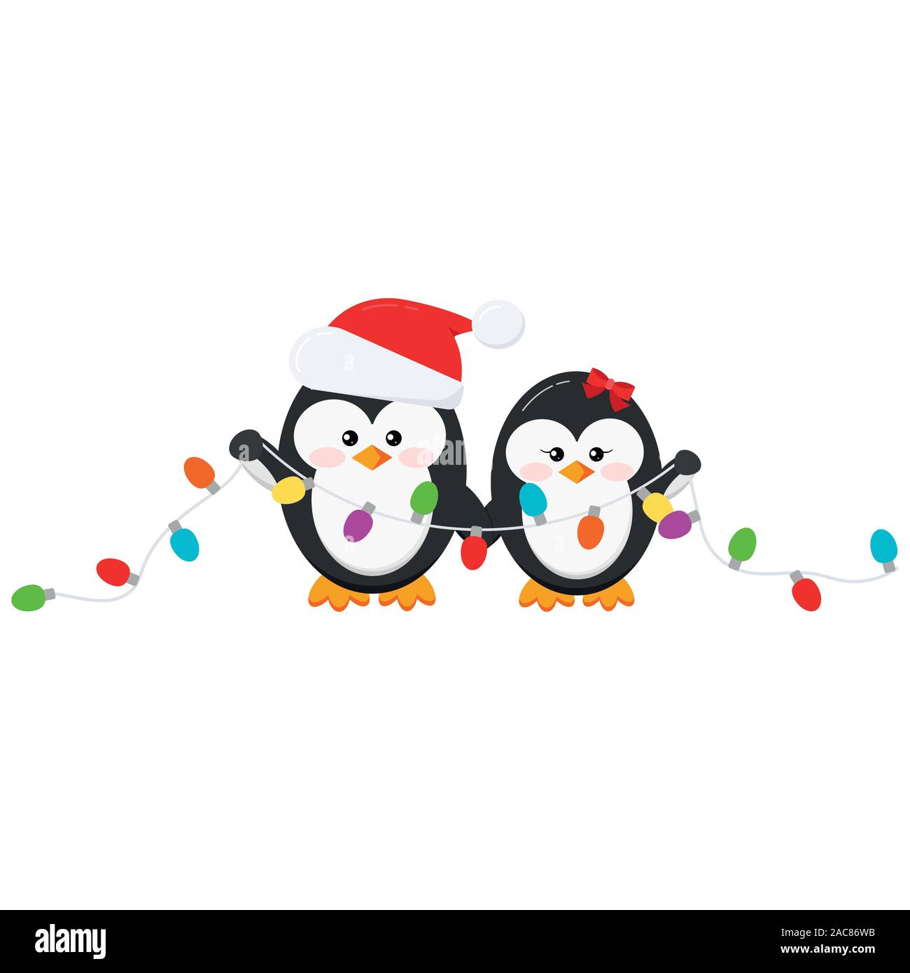 Cute christmas penguin boy and girl couple with garland isolated on