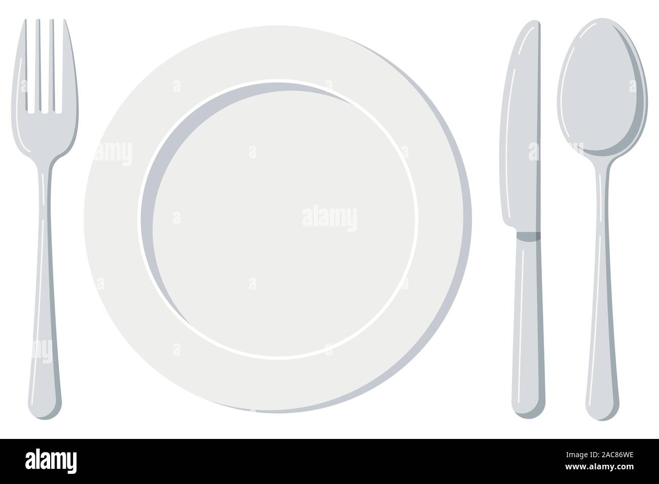 Empty white plate with spoon, knife and fork isolated on a white background. Stock Vector