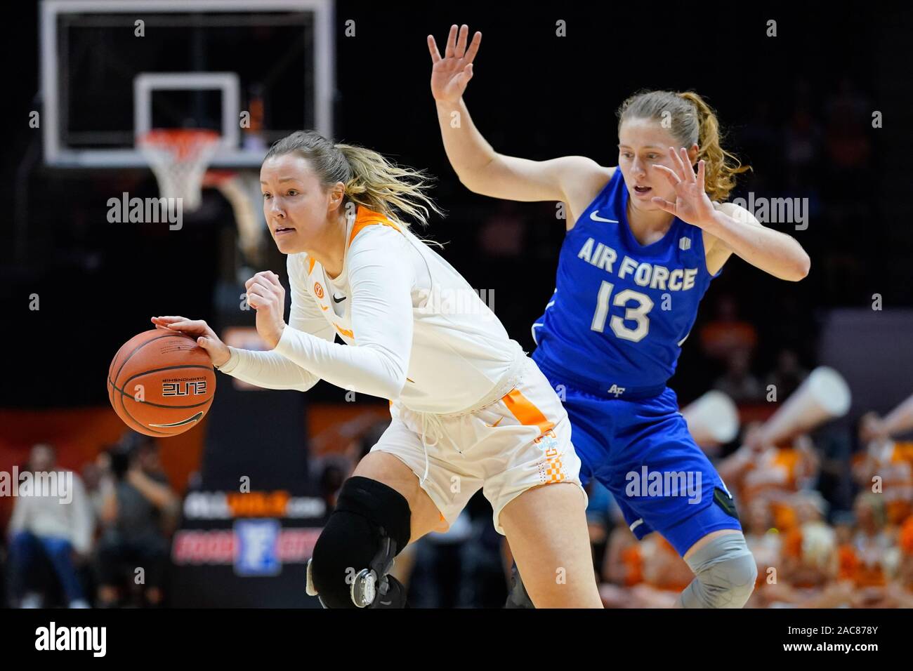 December 1, 2019: Lou Brown #21 of the Tennessee Lady Vols drives to the  basket against Emily Conroe #13 of the Air Force Falcons during the NCAA  basketball game between the University