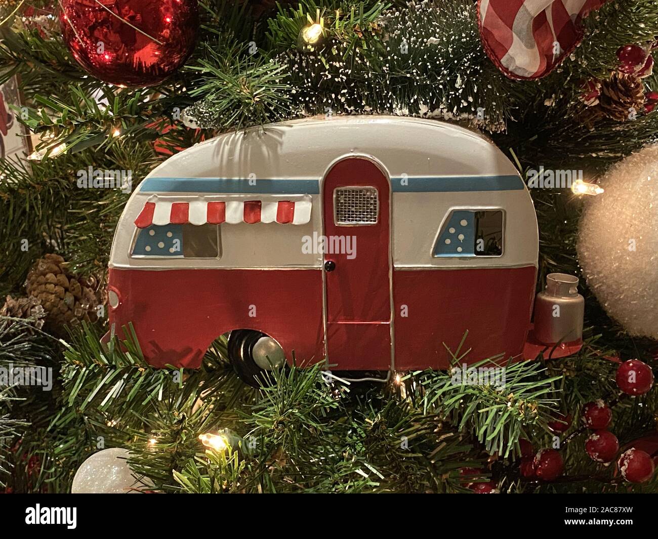 Beautiful Christmas Camper Car Decoration Background For Your Design. Stock Photo