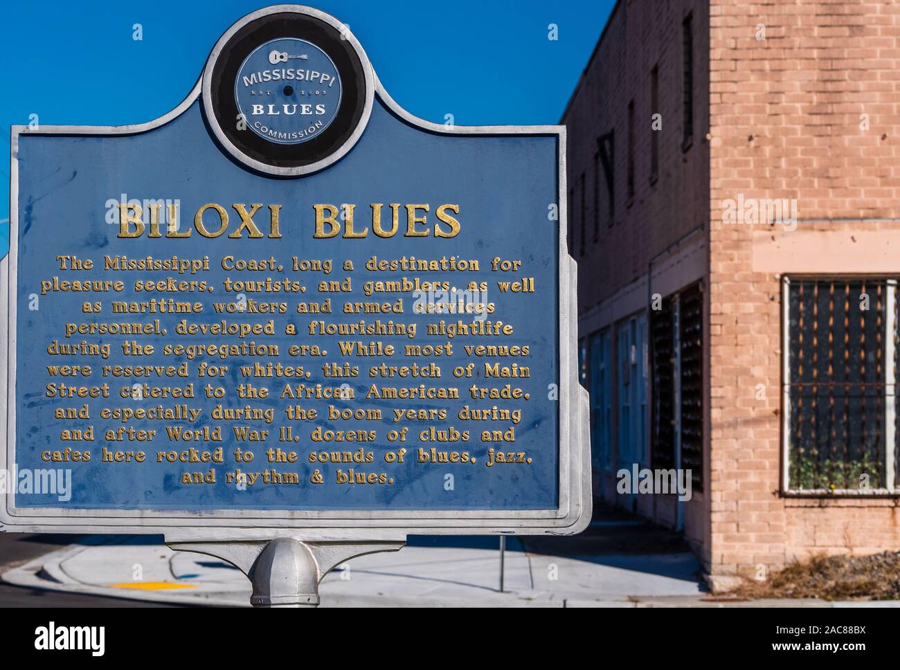 Biloxi Blues, Mississippi Blues Trail sign, Biloxi, Mississippi, USA. Stock Photo