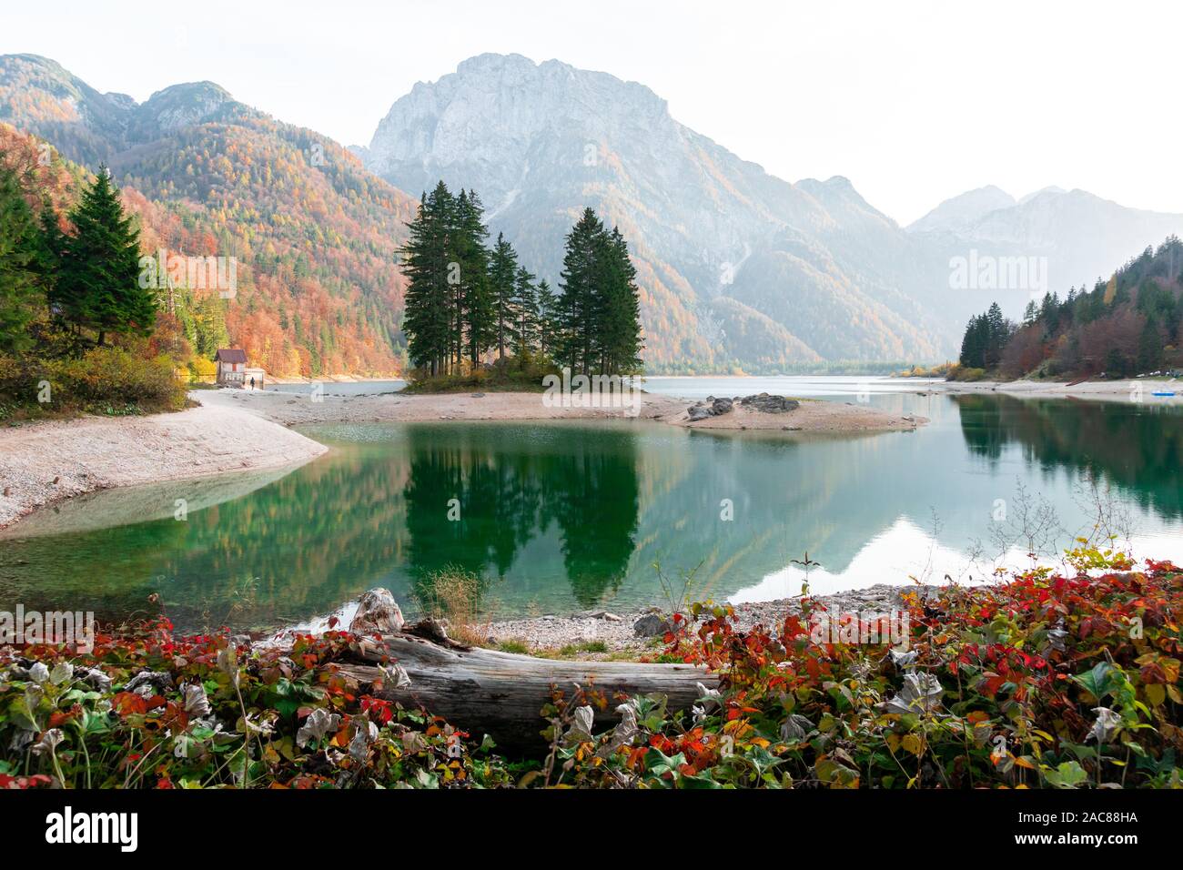 Landscape view of Predil lake shore, Italy, Europe Stock Photo
