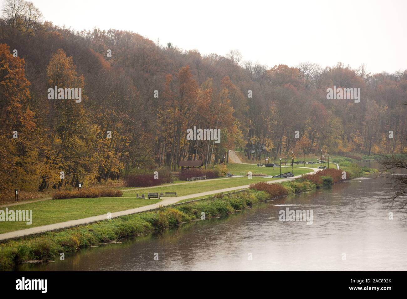 A view of the boulevards at the Lusatian Neisse river in Zgorzelec.Zgorzelec and Goerlitz are partner cities of the Euro region Neisse located in Saxony (Germany) and Lower Silesia (Poland) Stock Photo