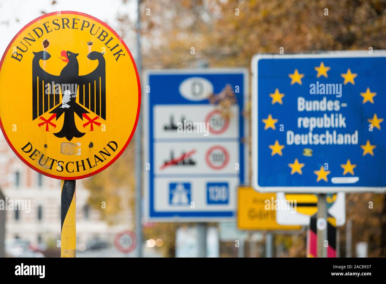 Bundesrepublik Deutschland signs seen from The John Paul II Bridge in Zgorzelec.Zgorzelec and Goerlitz are partner cities of the Euro region Neisse located in Saxony (Germany) and Lower Silesia (Poland) Stock Photo