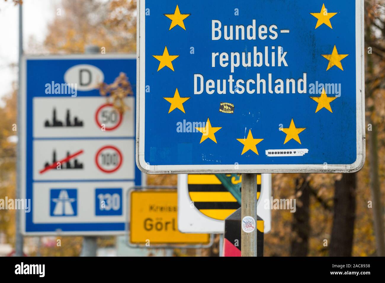 Bundesrepublik Deutschland signs seen from The John Paul II Bridge in Zgorzelec.Zgorzelec and Goerlitz are partner cities of the Euro region Neisse located in Saxony (Germany) and Lower Silesia (Poland) Stock Photo