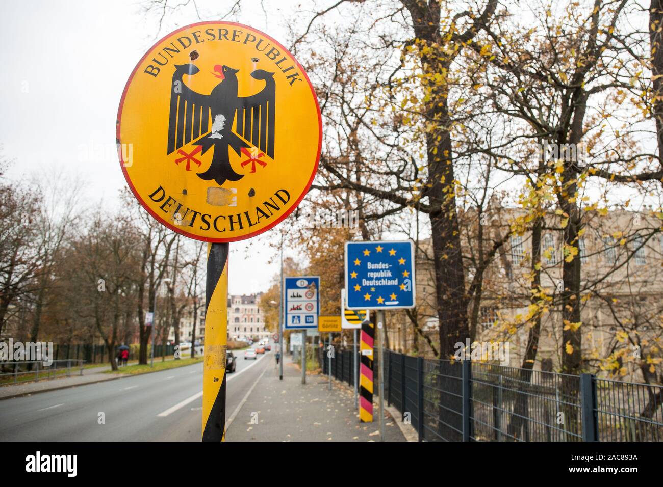 Bundesrepublik Deutschland signs seen from The John Paul II Bridge in Zgorzelec.Zgorzelec and Goerlitz are partner cities of the Euro region Neisse located in Saxony (Germany) and Lower Silesia (Poland) Stock Photo