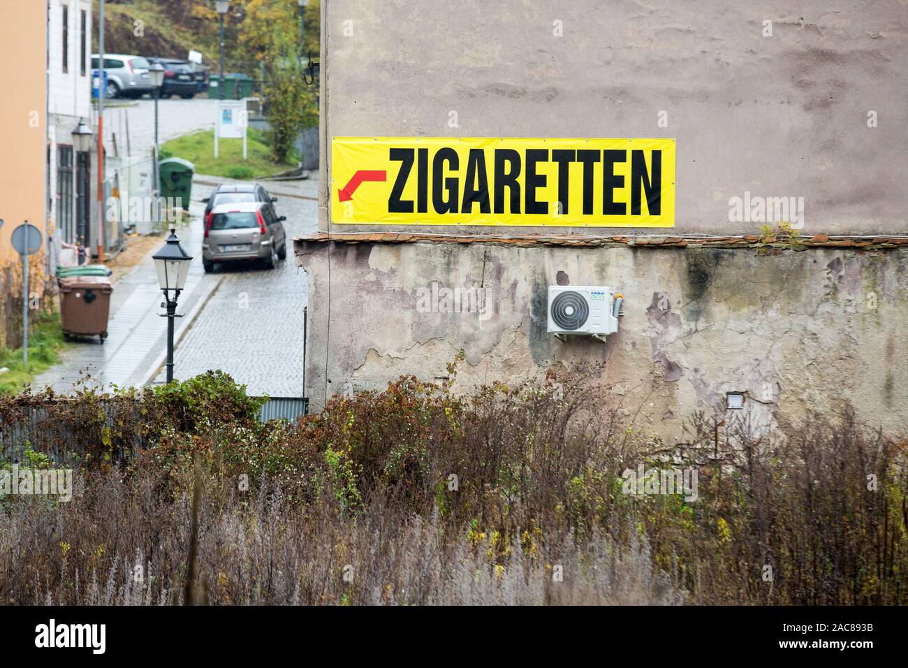 A banner informing about store with cigarettes seen in Zgorzelec.Zgorzelec  and Goerlitz are partner cities of the Euro region Neisse located in Saxony  (Germany) and Lower Silesia (Poland Stock Photo - Alamy