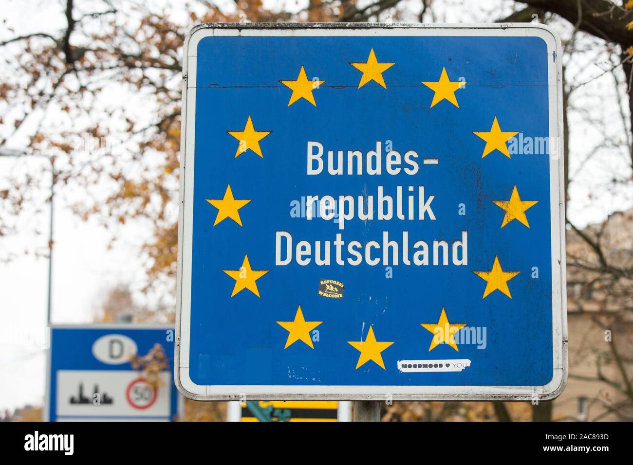 Bundesrepublik Deutschland signs seen from The John Paul II Bridge in Zgorzelec.Zgorzelec and Goerlitz are partner cities of the Euro region Neisse located in Saxony (Germany) and Lower Silesia (Poland) Stock Photo