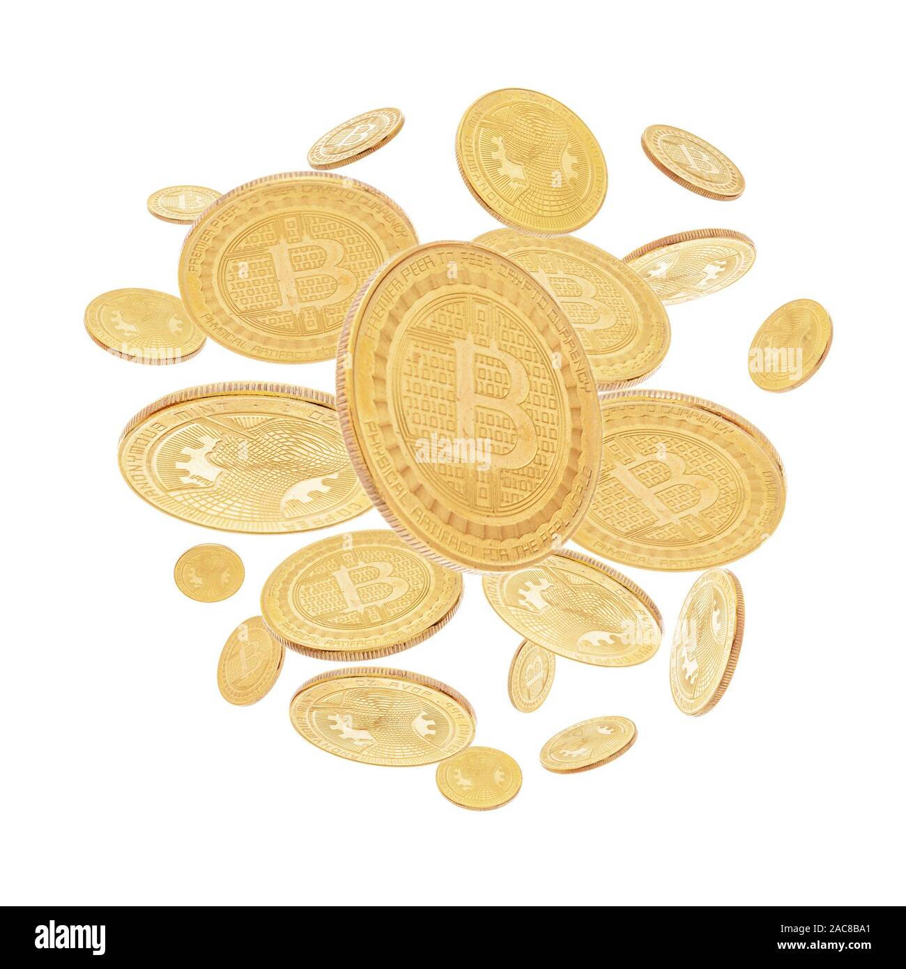 Gold cryptocoin Bitcoin explosion. Isolated on white Stock Photo