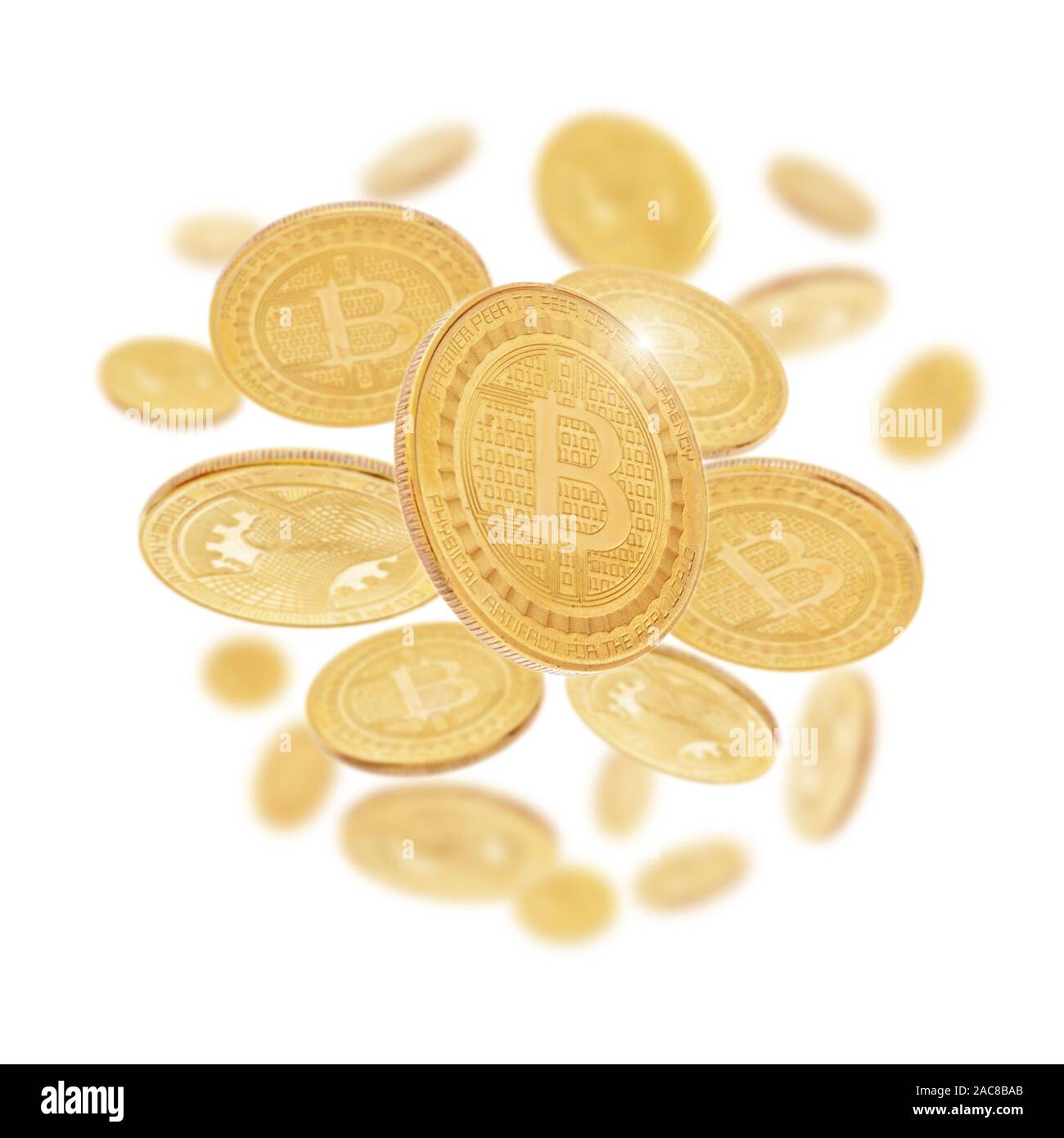 Gold cryptocoin Bitcoin explosion. Isolated on white Stock Photo