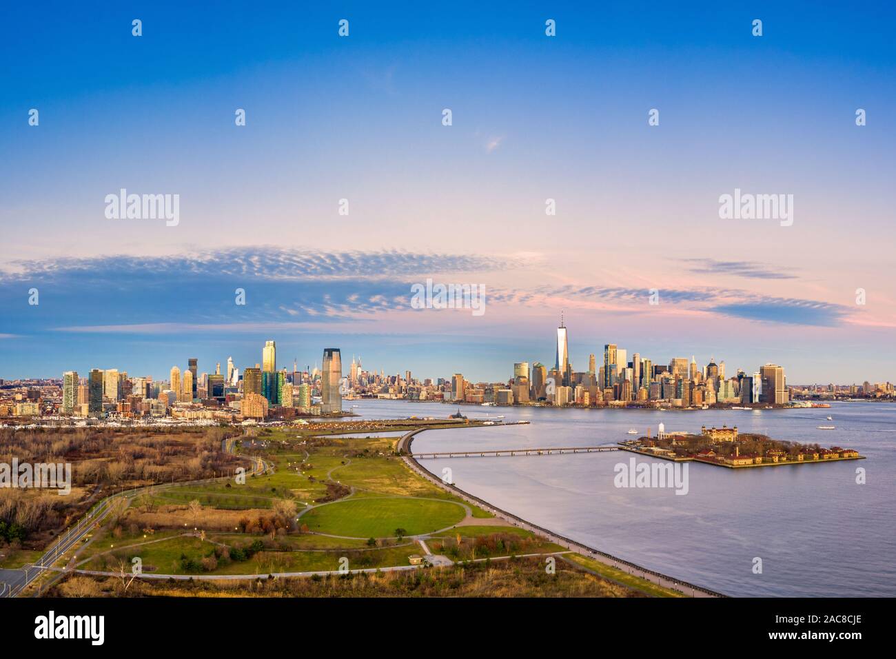 Aerial view of New York City and Jersey City skylines Stock Photo