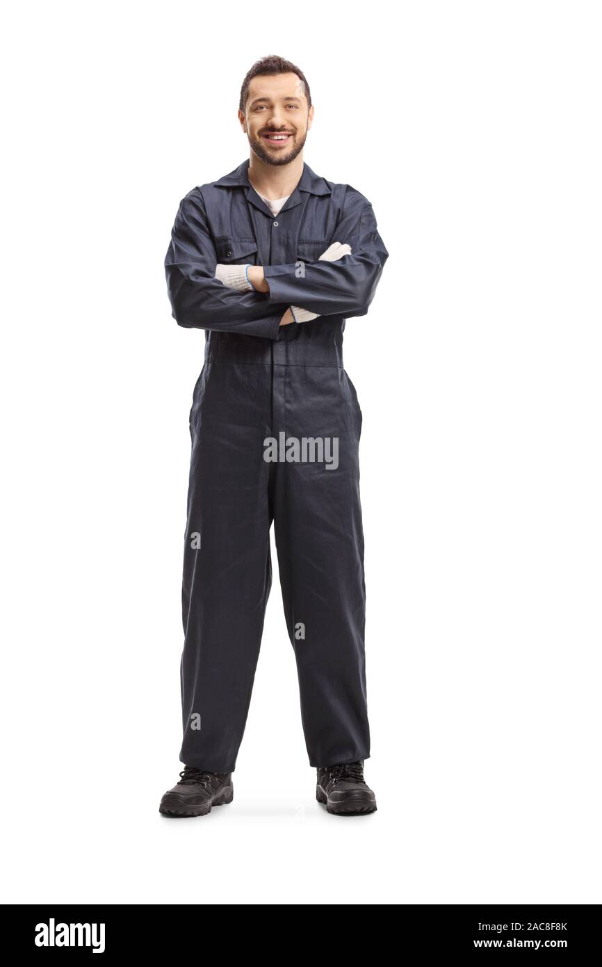 Full length portrait of a mechanic in a dark blue overalls isolated on ...