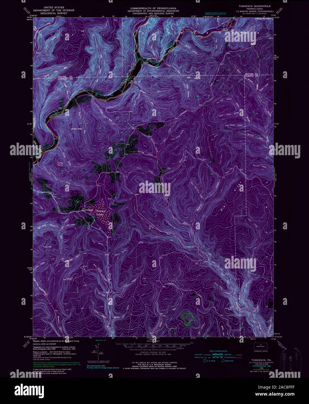 USGS TOPO Map Pennsylvania PA Tamarack 223524 1946 24000 Inverted Restoration Stock Photo