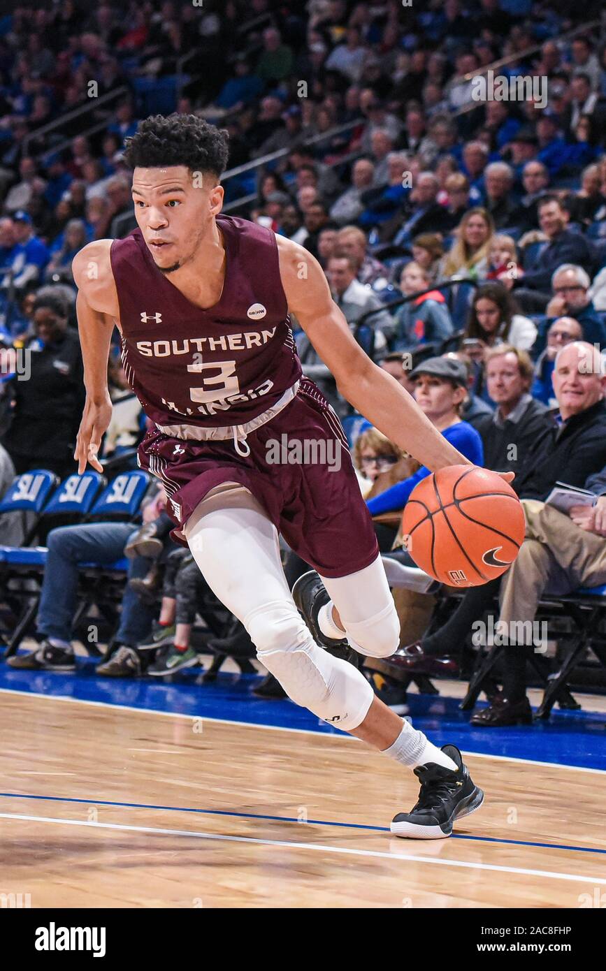 Dec 01, 2019: Southern Illinois Salukis guard Ronnie Suggs (3) drives an open lane during a regular season game where the Southern Illinois Salukis visited the St. Louis Billikens. Held at Chaifetz Arena in St. Louis, MO Richard Ulreich/CSM Stock Photo