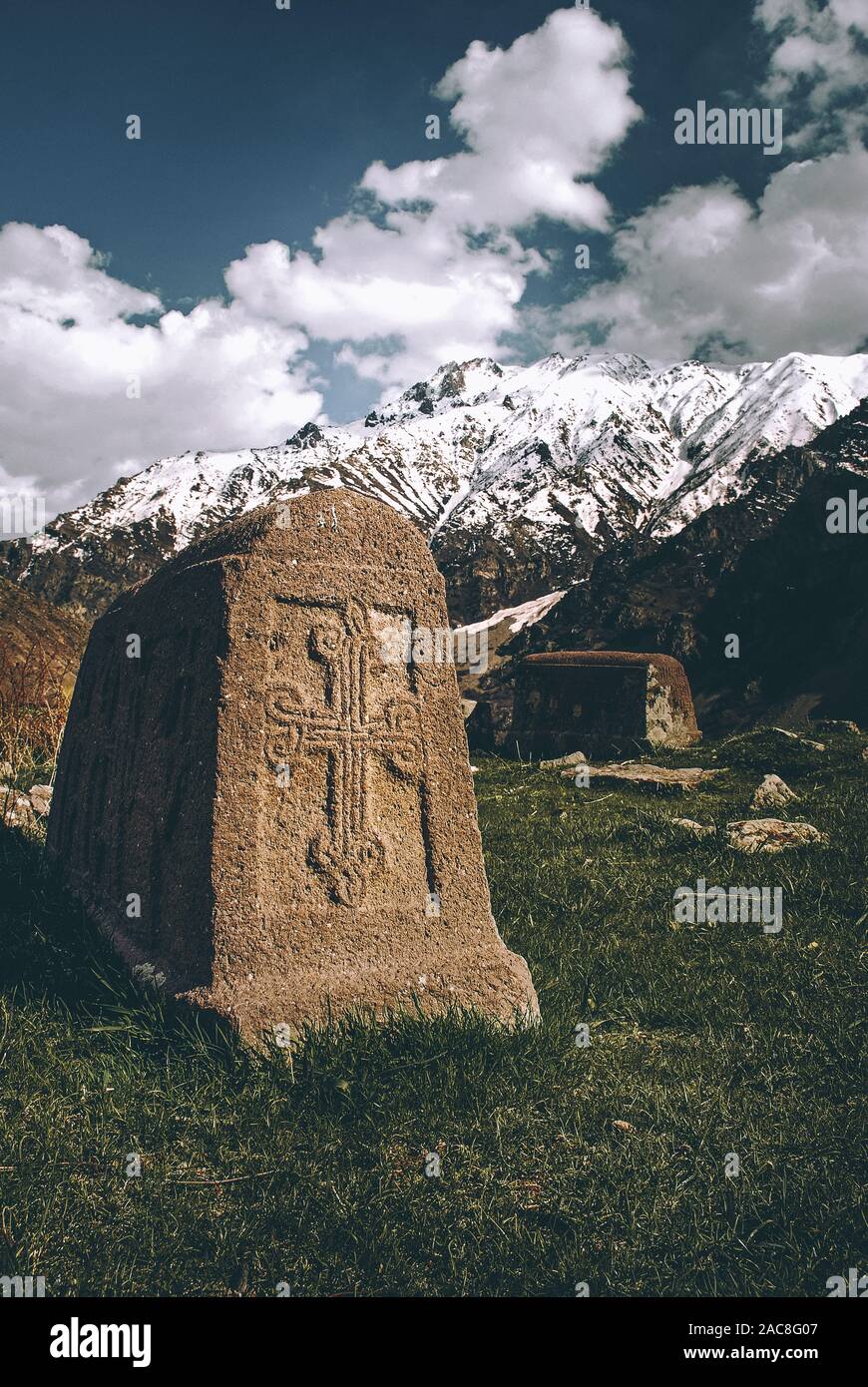 Mysterious tombstone from 800 years old cemetery in Yeghegis, Armenia. Stock Photo