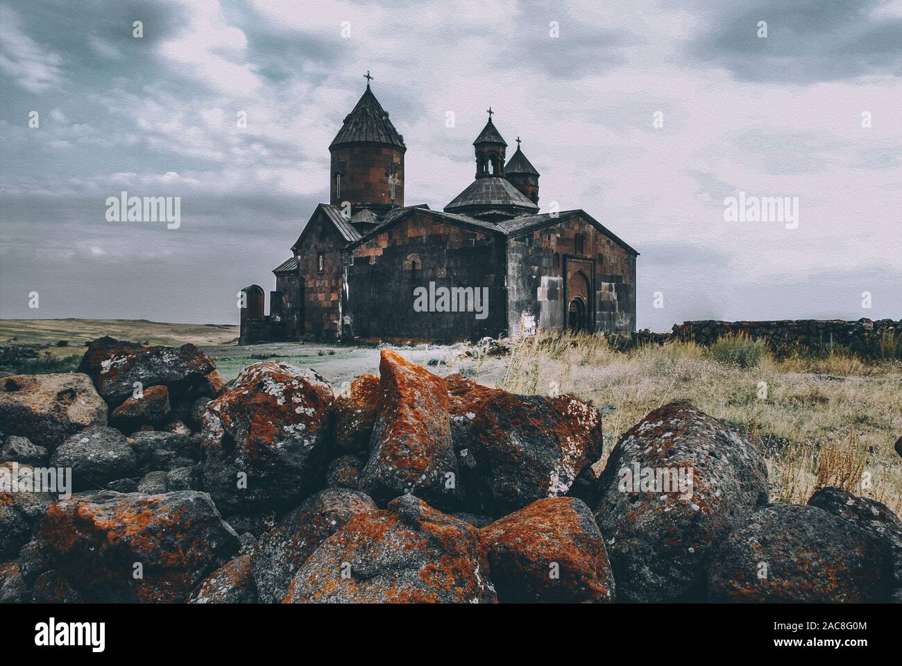 Saghmosavank (Monastery of Psalms)is a 13th-century monastic complex located in the village of Saghmosavan in the Aragatsotn Province of Armenia Stock Photo