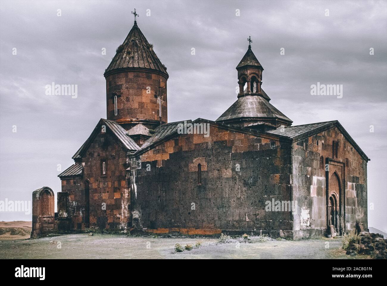 Saghmosavank (Monastery of Psalms)is a 13th-century monastic complex located in the village of Saghmosavan in the Aragatsotn Province of Armenia Stock Photo