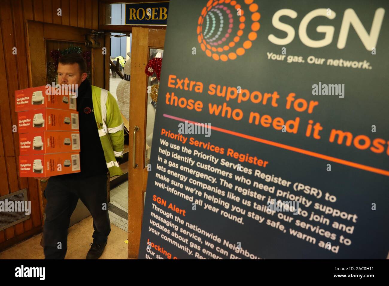 Heaters and hotplates are distributed at Camelon community centre, Falkirk, after a gas mains failure in central Scotland. Eight thousand properties are affected, with Gas infrastructure company SGN saying it will have to go door-to-door to turn off supplies in affected properties for safety reasons. Stock Photo