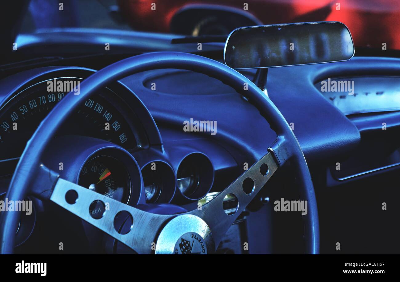 Steel blue modern car wheel in vintage, classic auto mobile Stock Photo