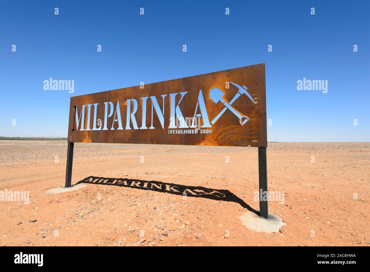 Name sign for the small Australian Outback town of Milparinka, New South Wales, NSW, Australia Stock Photo