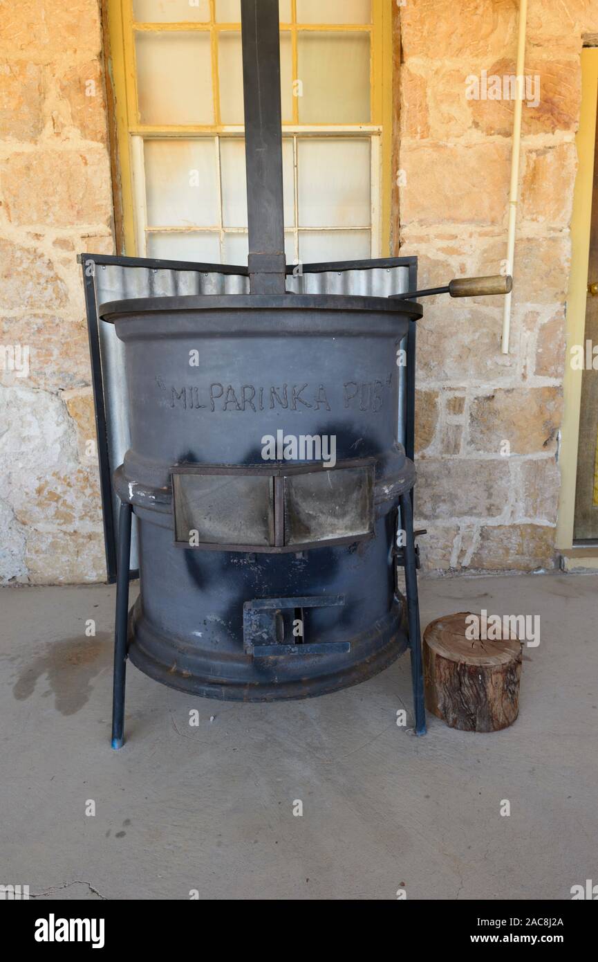 Wooden stove outside the historic remote Outback pub Albert Hotel built 1882 at Milparinka, New South Wales, NSW, Australia Stock Photo