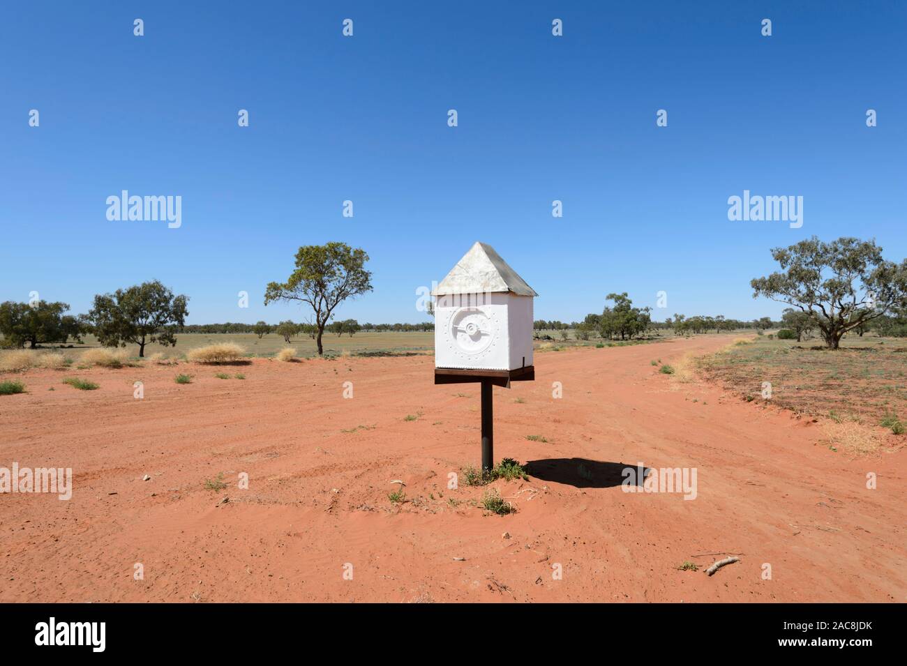 White letterbox of an Outback property near Louth, New South Wales, NSW, Australia Stock Photo