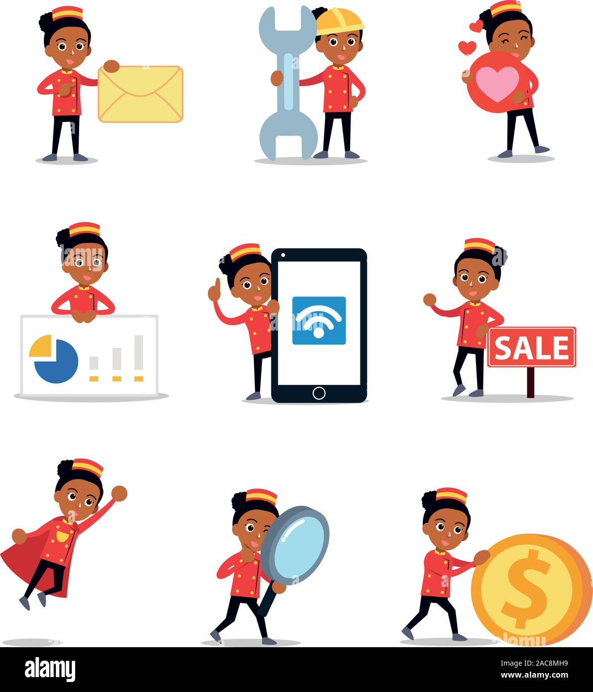 Set of character woman bellhop work in hotel Stock Vector