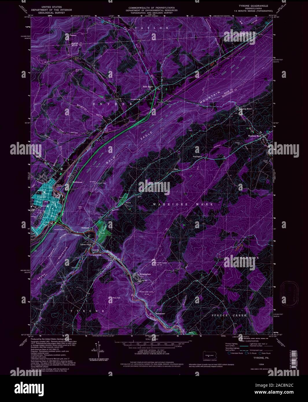 USGS TOPO Map Pennsylvania PA Tyrone 223580 1994 24000 Inverted Restoration Stock Photo