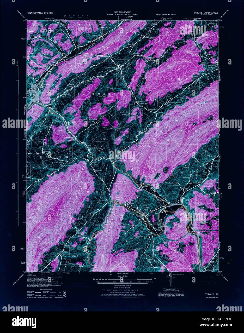 USGS TOPO Map Pennsylvania PA Tyrone 461945 1946 62500 Inverted Restoration Stock Photo