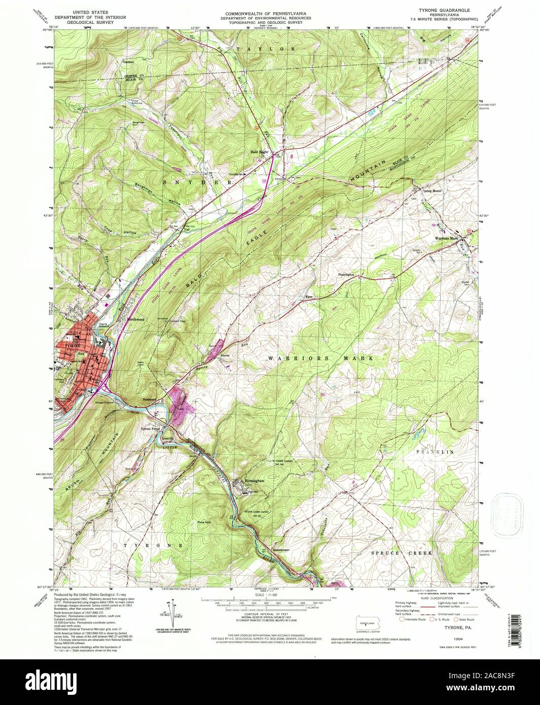 USGS TOPO Map Pennsylvania PA Tyrone 223580 1994 24000 Restoration Stock Photo