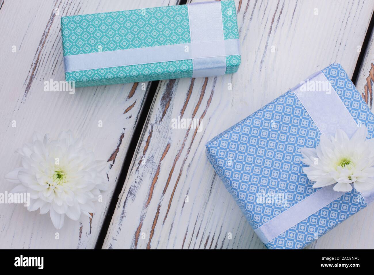 Flat lay gift boxes and flowers Stock Photo Alamy