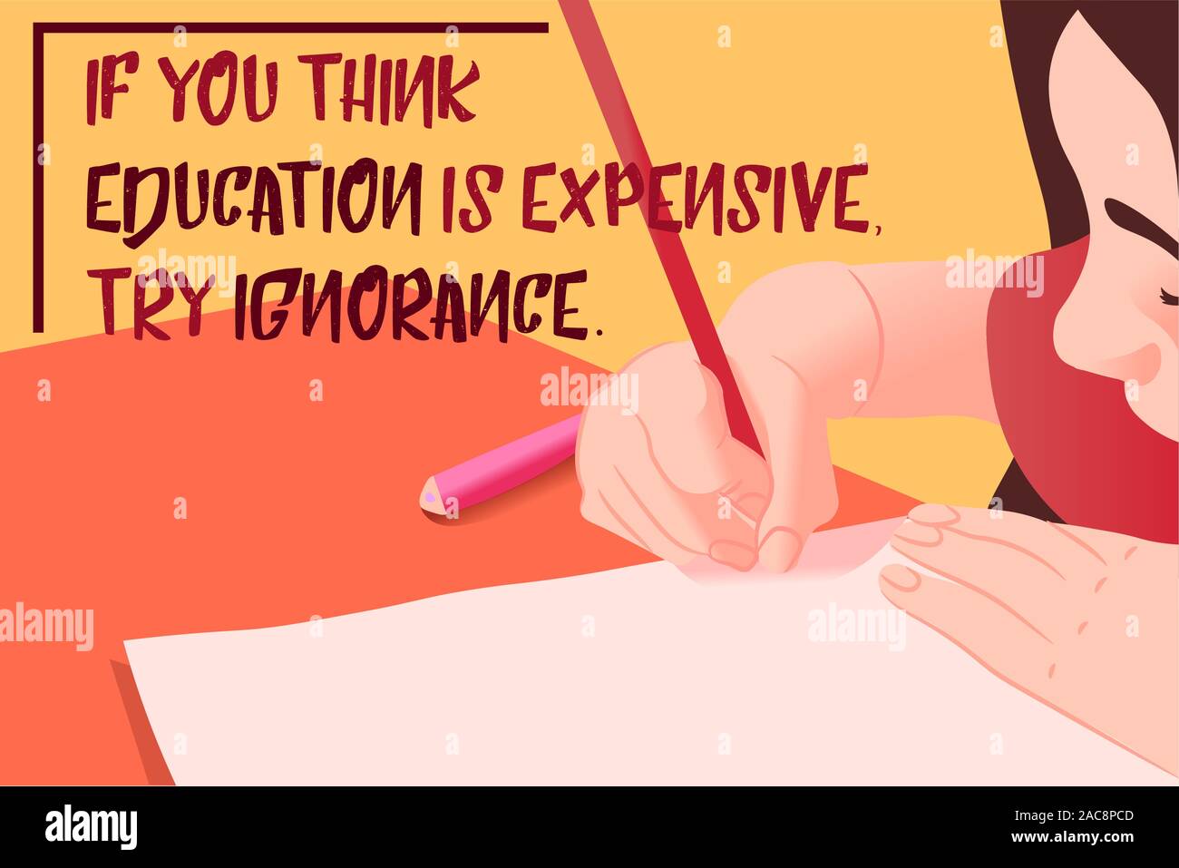 Flat illustration of an elementary schoolgirl trying to write on a piece of paper. Kid at school drawing in a notebook with a pen, education quote Stock Vector