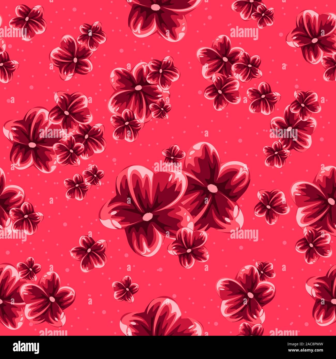 Pink cherry blossom seamless pattern for spring, oriental and hawaiian prints. Hibiscus or tropical pensie, japanese landscape vector. Stock Vector