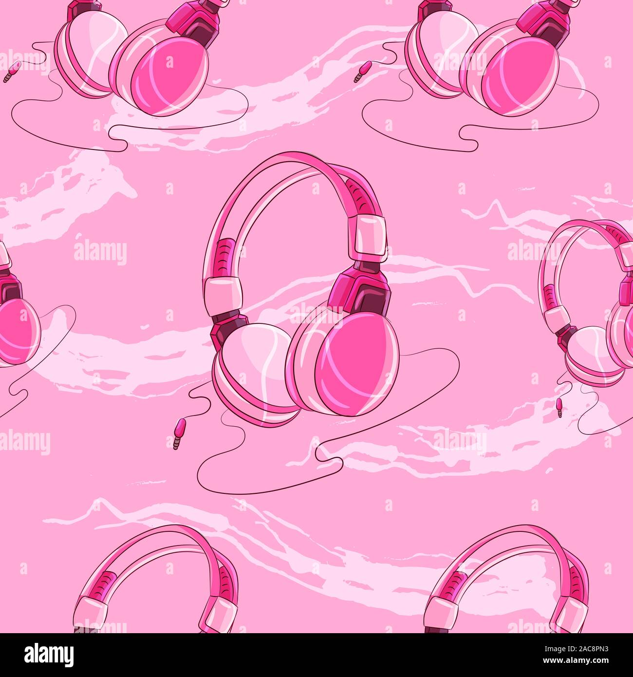 Pink girly headphones with a cable seamless pattern. Music genres, audio connection illustration. Stock Vector