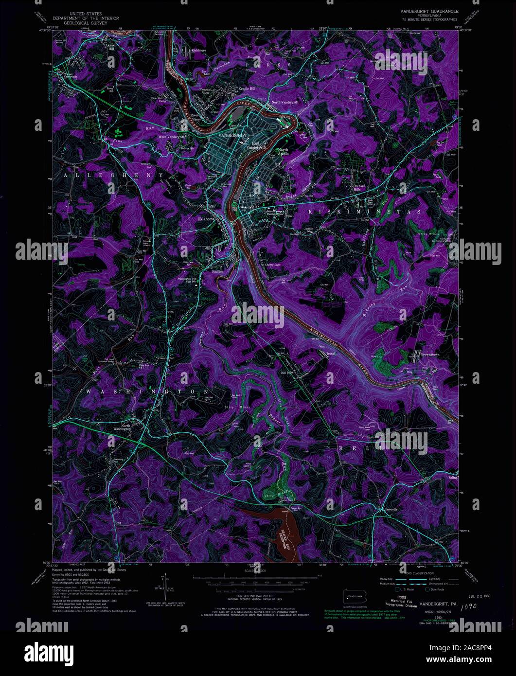 USGS TOPO Map Pennsylvania PA Vandergrift 222335 1953 24000 Inverted