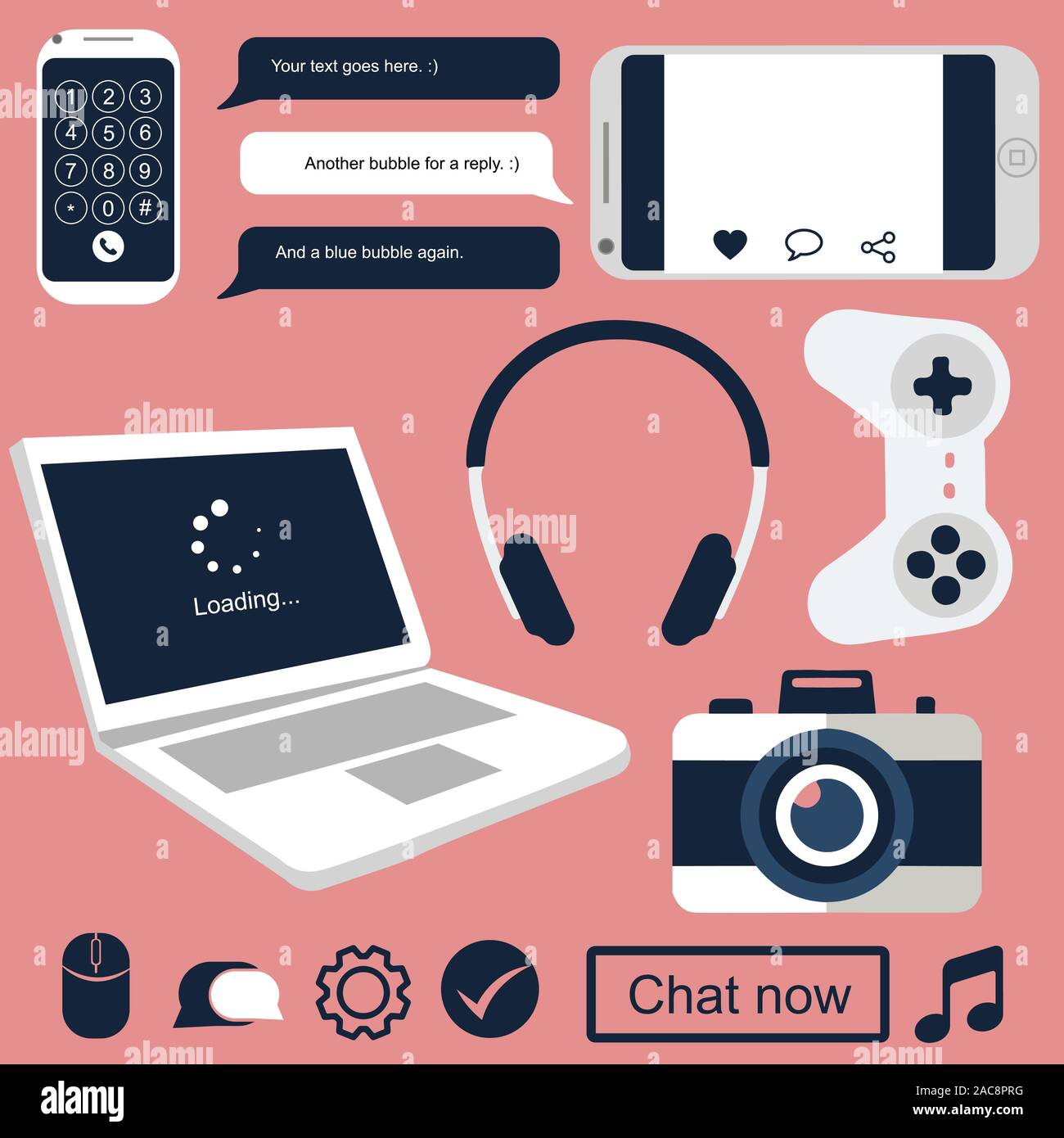 Isolated technology related gadgets for communication, social media and hobbies. Flat illustration of modern elements and icons. Stock Vector