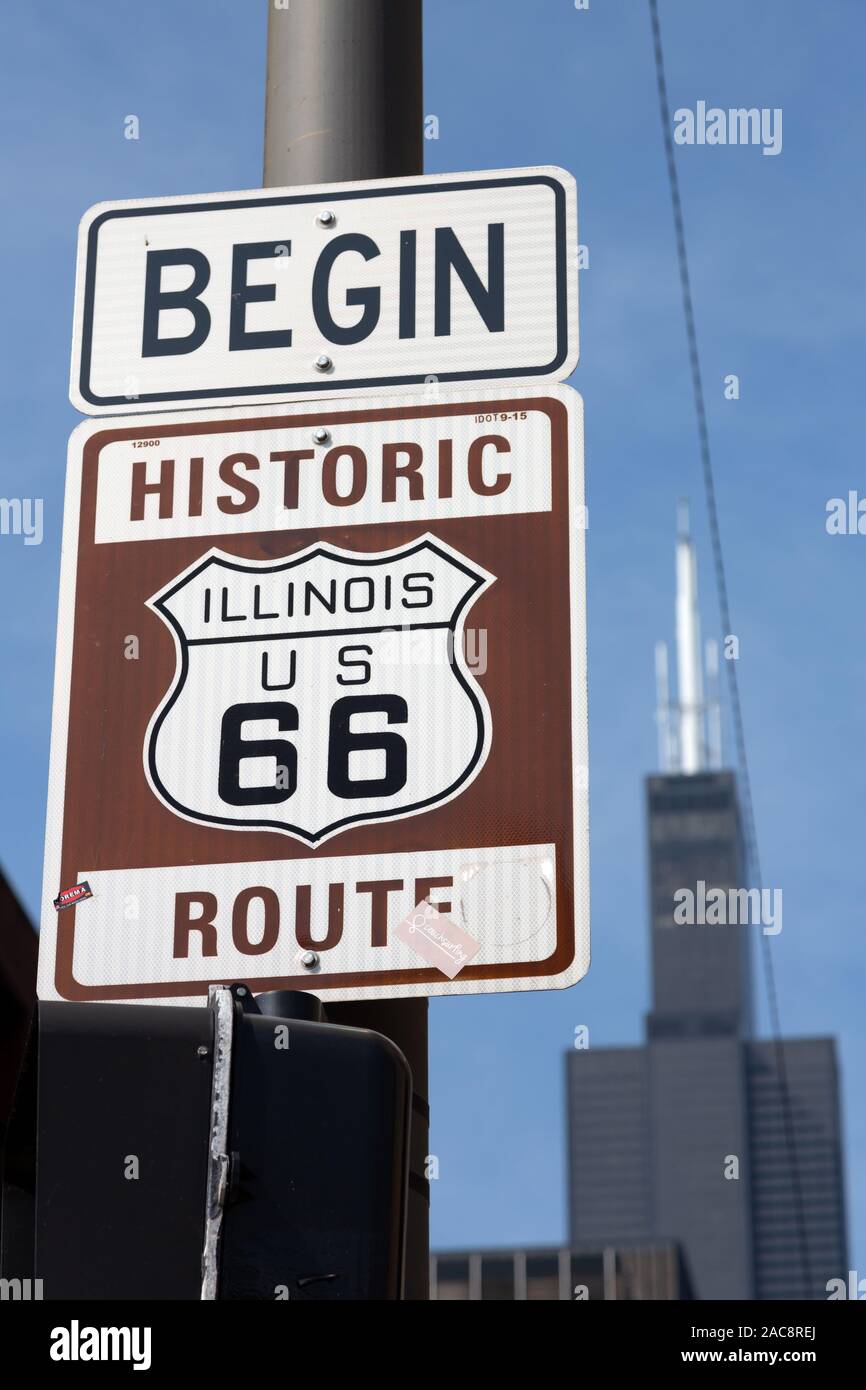 Begin Route 66 - Street sign at start of Route 66, Chicago, Illinois, USA Stock Photo