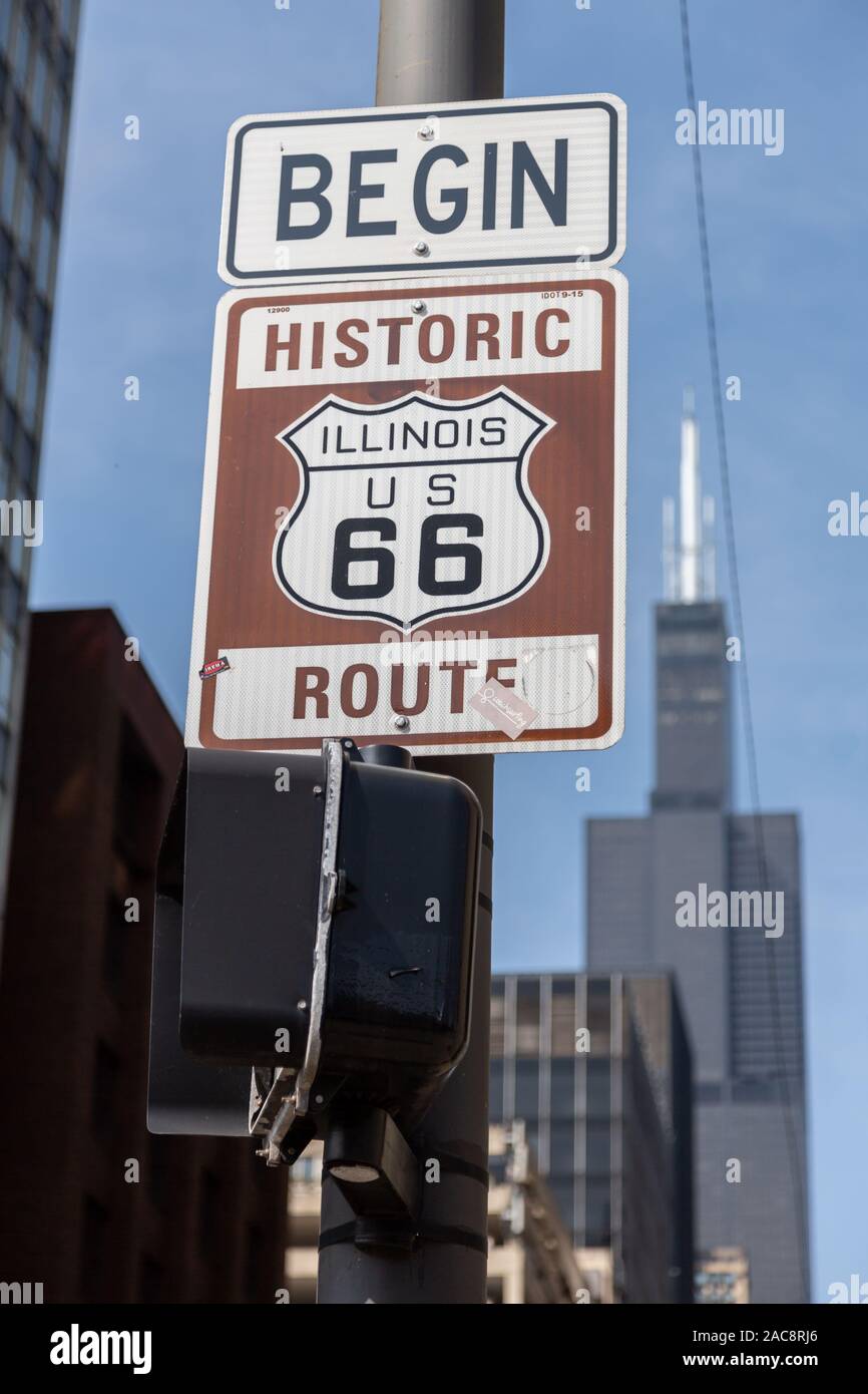 Begin Route 66 - Street sign at start of Route 66, Chicago, Illinois, USA Stock Photo