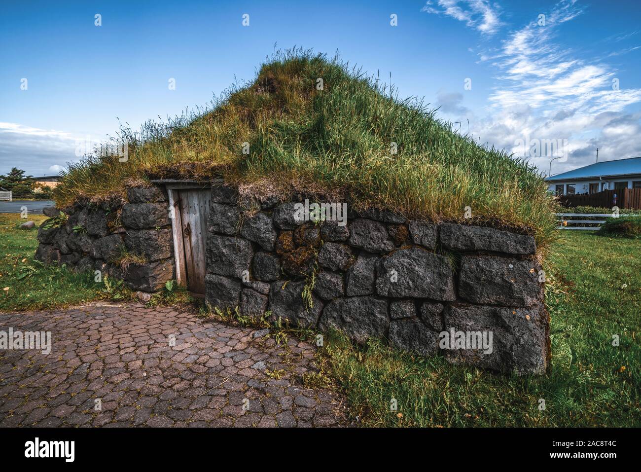 Ancient turf house in Iceland. Icelandic traditional building Stock