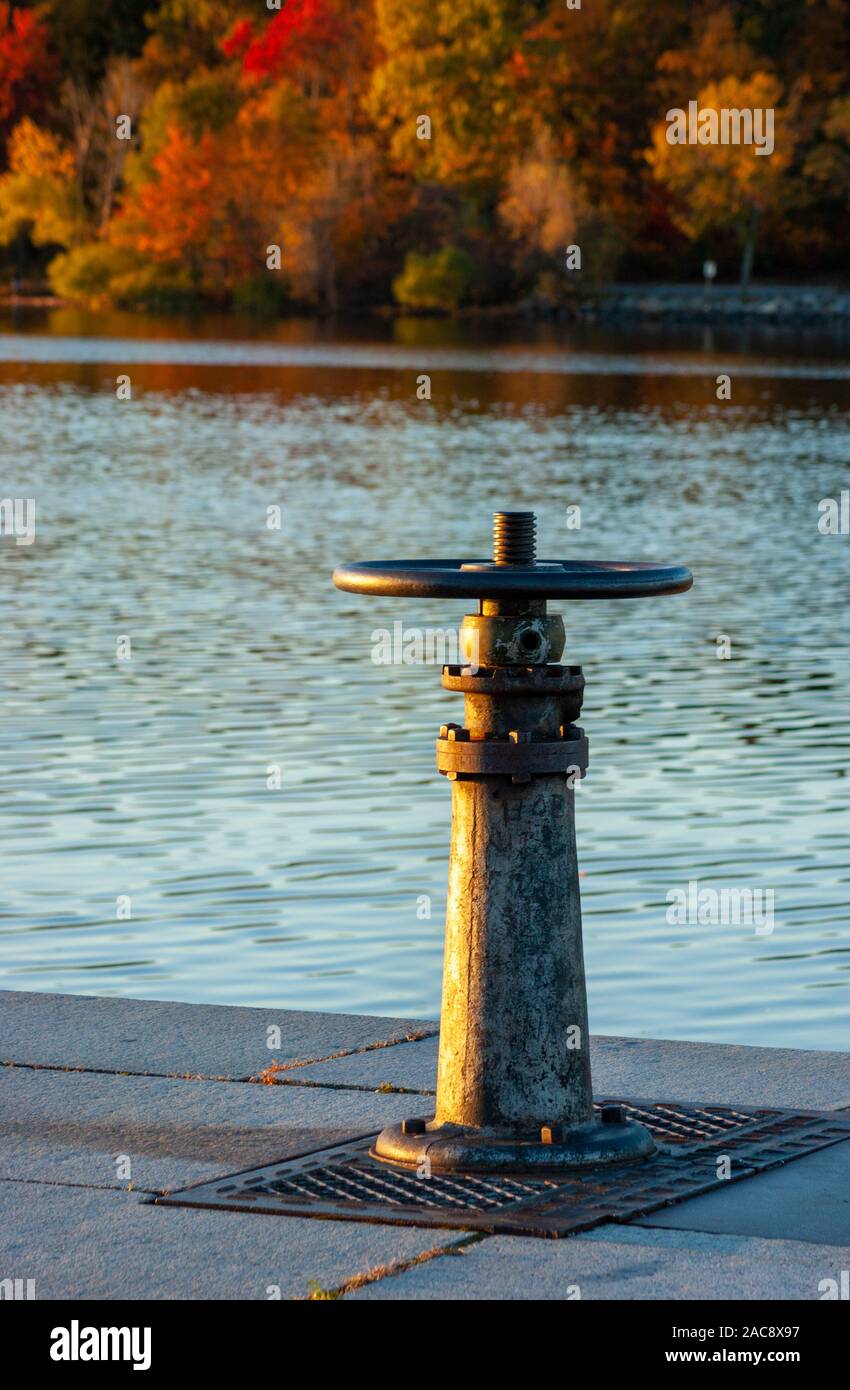 Gate valve on a platform at the Hopkinton Reservoir. The valve is used