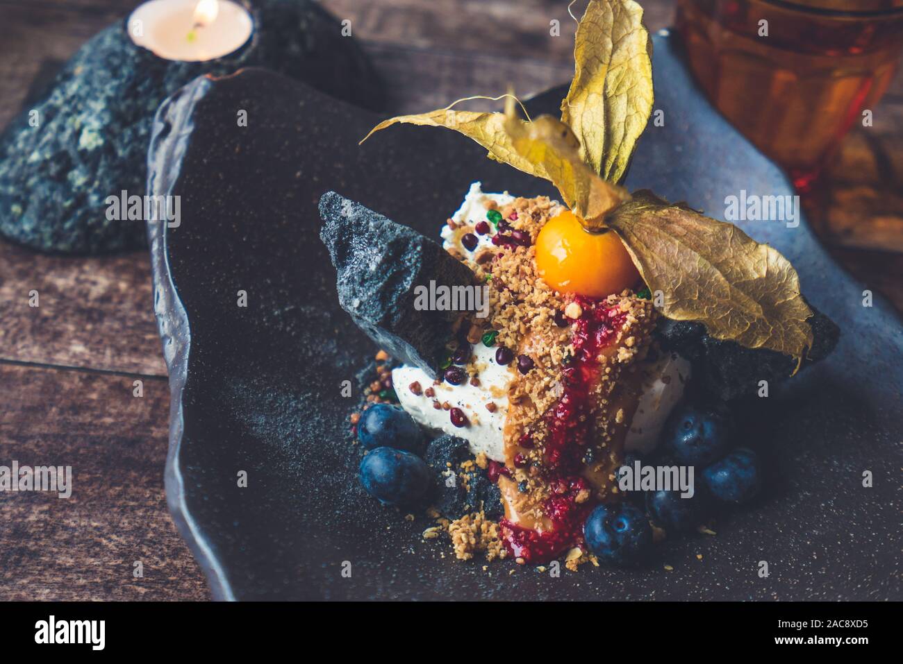 Icelandic ice cream menu with volcanic rock sugar cane and blueberries
