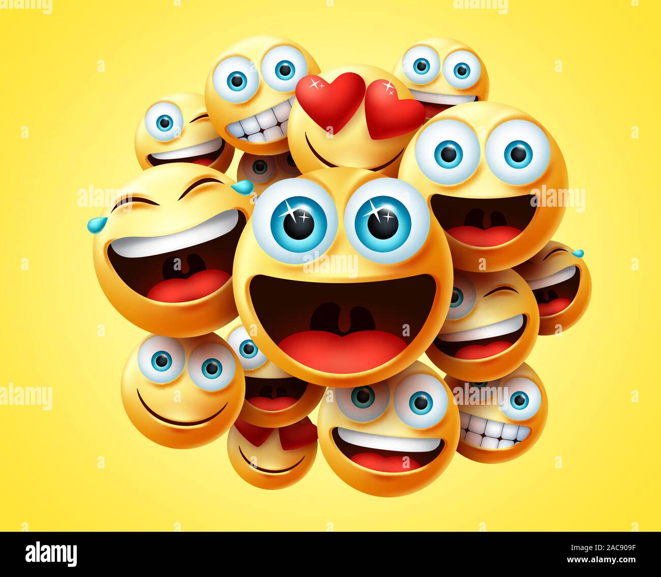 Smileys emoticons group vector design. Smileys emoticon cute faces group in excited, laughing, funny, happy and naughty feelings or mood for sign. Stock Vector