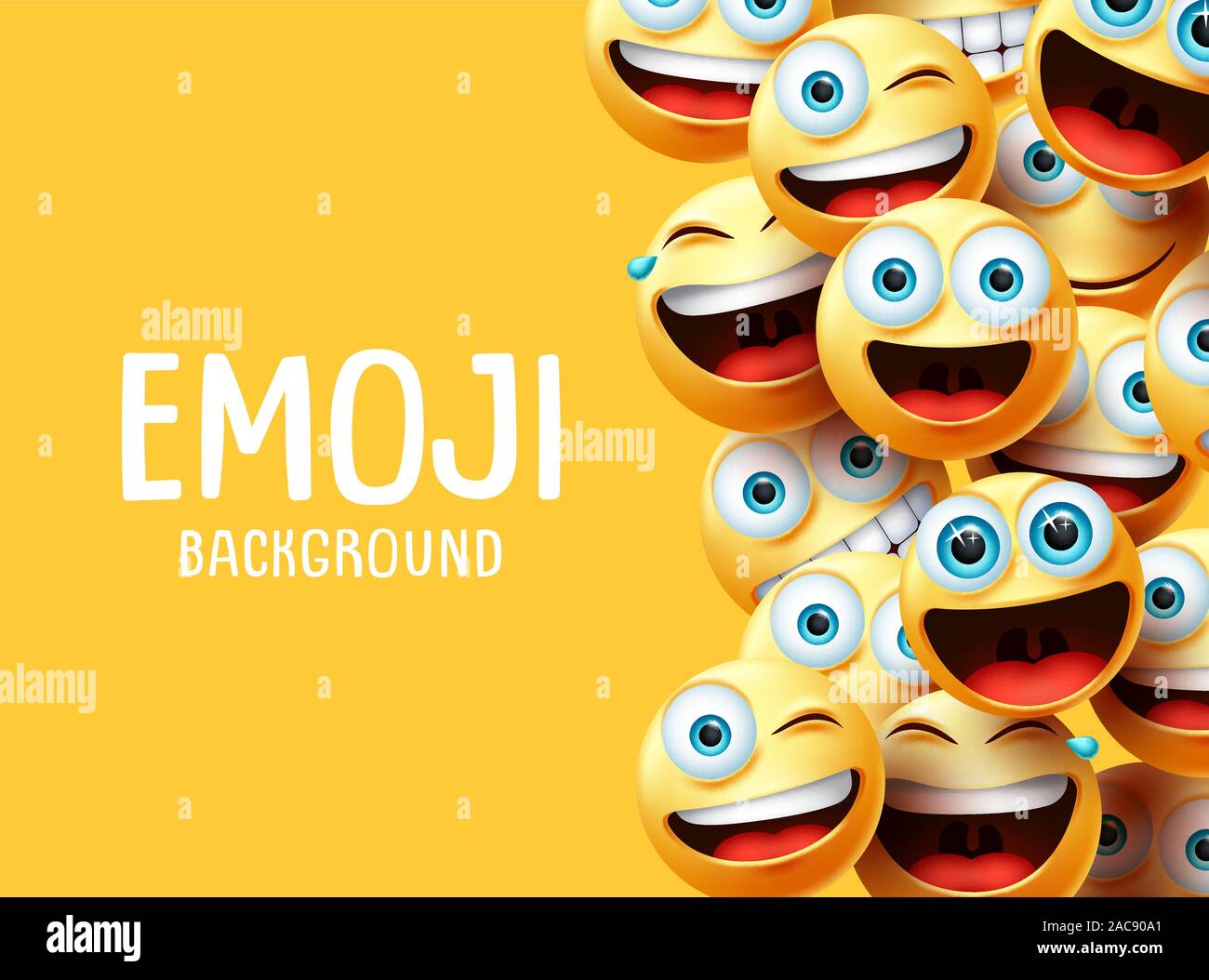 Emojis vector background. Funny smiley emoji background text with emoticon group face head in excited, surprise, smiling and happy expression. Stock Vector