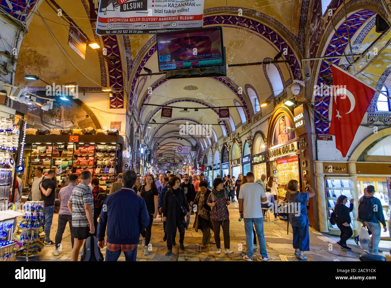 Shops inside Grand Bazaar in Istanbul, Turkey, one of the largest and