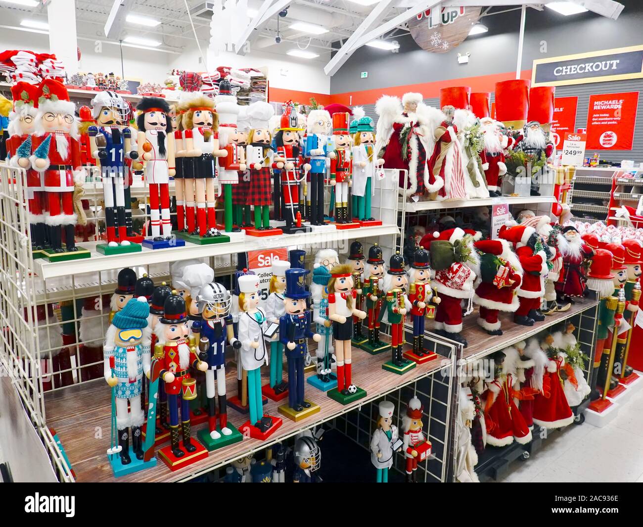 Christmas toys on display at a craft store in the Lower Mainland, British Columbia, Canada Stock Photo