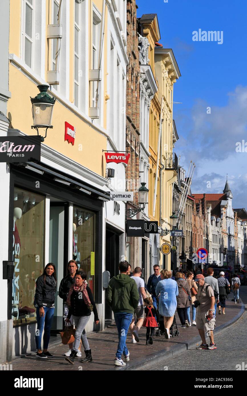 Stores on Steenstraat, Brugge City, West Flanders, Belgium Stock Photo