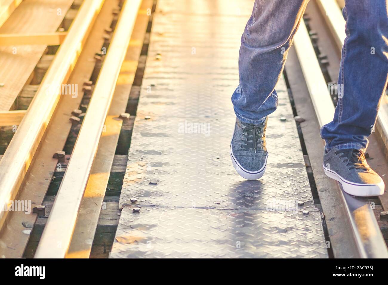 Pedestrian Crossing Over Railway Lines High Resolution Stock