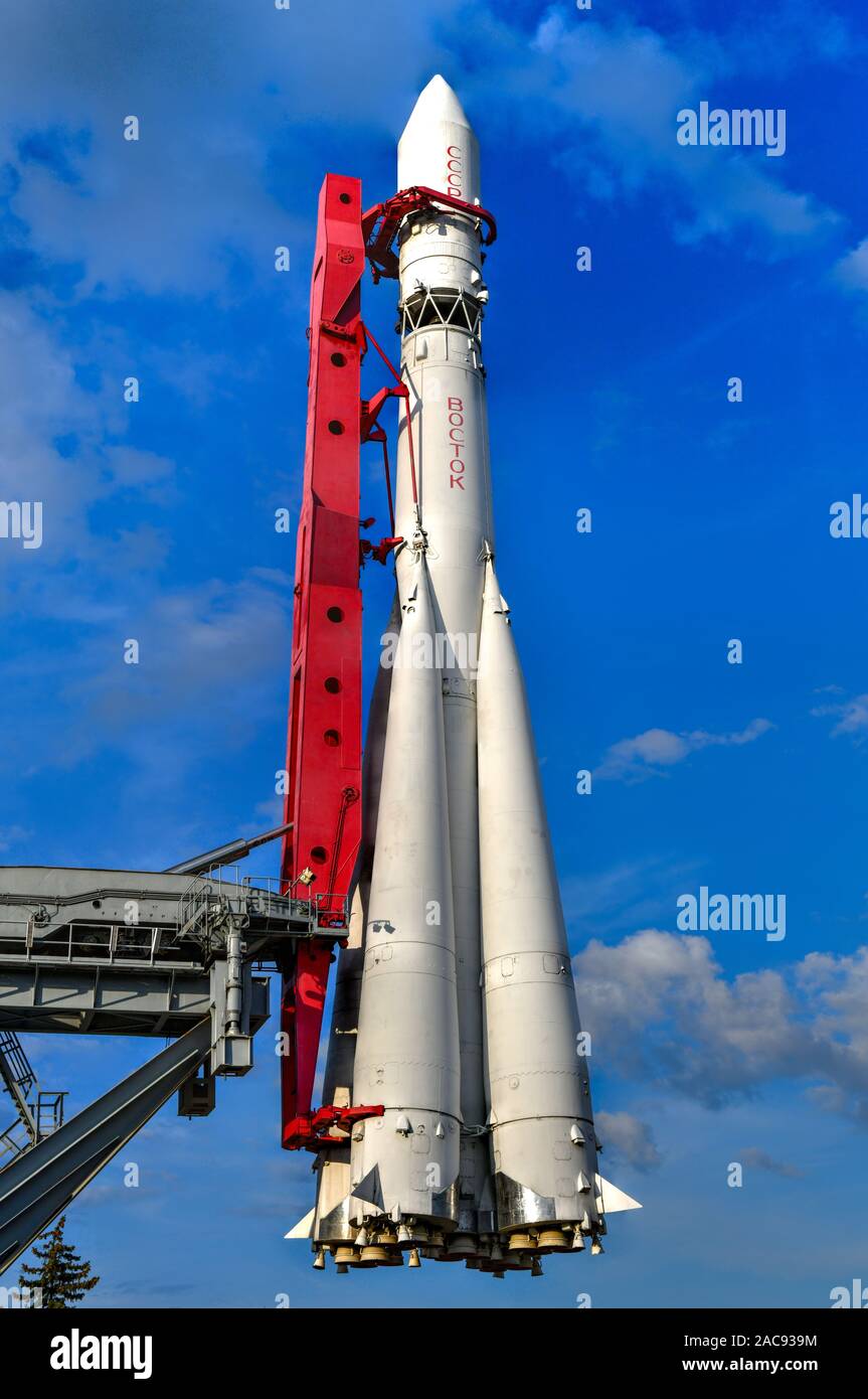 Moscow, Russia - July 26, 2019: Model rocket 'Vostok' at Exhibition of Achievements of National Economy. Actively was used in the USSR. Stock Photo
