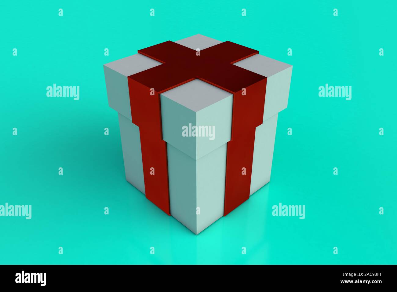 White gift box with red ribbon bow isolated on turquoise background ...